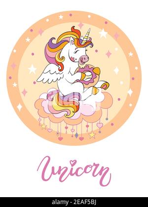 Cute cartoon unicorn eating a donut on a cloud. Vector illustration circle shape isolated on white background. Birthday, party concept.For sticker, em Stock Vector