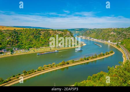 View from Lorelei cliff towards St. Goarshausen in Germany Stock Photo