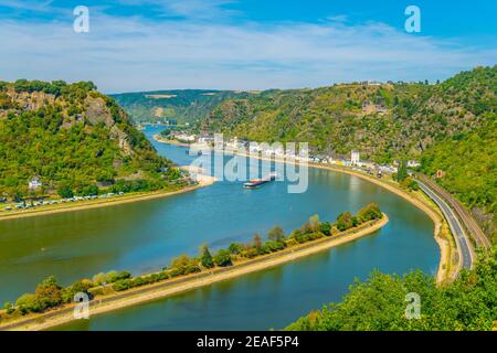 View from Lorelei cliff towards St. Goarshausen in Germany Stock Photo