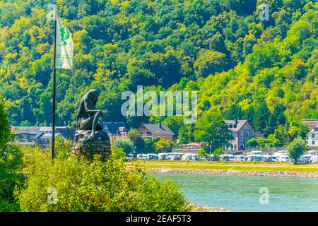 Lorelei statue on river Rhein near St. Goarshausen, Germany Stock Photo