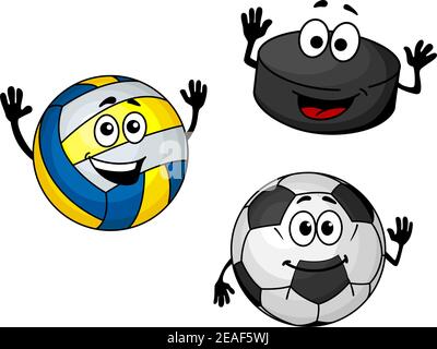 Hockey puck, volleyball and soccer balls in cartoon style for sports design Stock Vector