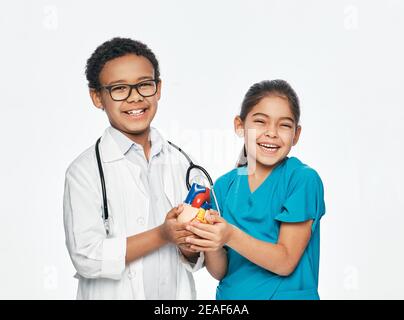 Two positive kids wearing a medical uniform are holding an anatomical model of heart. Cardiac care concept Stock Photo