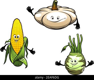 Pumpkin, corn and turnip cartoon vegetables isolated on white background Stock Vector