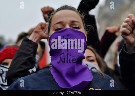 'Justice For Julie’ action in front of the Justice Palace by the Amazones Paris Collective in Paris, France, on February 09, 2021. Photo by Karim Ait Adjedjou/Avenir Pictures/ABACAPRESS.COM Stock Photo