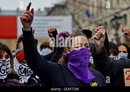 'Justice For Julie’ action in front of the Justice Palace by the Amazones Paris Collective in Paris, France, on February 09, 2021. Photo by Karim Ait Adjedjou/Avenir Pictures/ABACAPRESS.COM Stock Photo