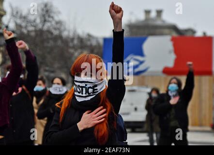 'Justice For Julie’ action in front of the Justice Palace by the Amazones Paris Collective in Paris, France, on February 09, 2021. Photo by Karim Ait Adjedjou/Avenir Pictures/ABACAPRESS.COM Stock Photo