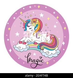 Cute cartoon unicorn slipping on a rainbow. Vector illustration circle shape isolated on pink background. Birthday, party concept. For sticker, embroi Stock Vector
