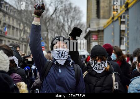 'Justice For Julie’ action in front of the Justice Palace by the Amazones Paris Collective in Paris, France, on February 09, 2021. Photo by Karim Ait Adjedjou/Avenir Pictures/ABACAPRESS.COM Stock Photo