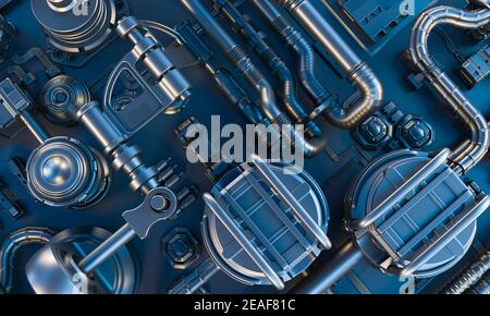 3d render dark background in blue tone of abstract sci-fi texture with cables, tubes and electronic parts. Stock Photo