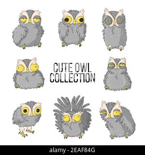 Owls illustration set. Collection with cute owls with various emotion in hand drawn cartoons style. Otus scops illustration bundle. Stock Vector