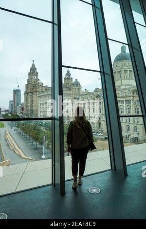 View from Museum of Liverpool windows, Waterfront, Canal Link, Royal Liver & Port Building Stock Photo