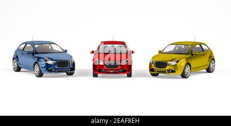 Hatchback passenger car in three metallic colors blue, red and yellow isolated on white background - front view - 3d render Stock Photo