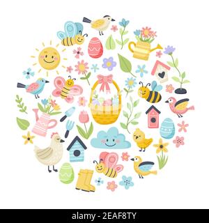 Easter spring set with cute eggs, birds, bees, butterflies. Hand drawn flat cartoon elements in circular frame. Vector illustration Stock Vector