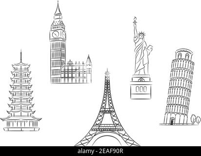 Set of famous world landmarks in flat style. Historical monuments and ...