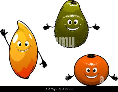 Avocado, mango and orange fruits isolated on white background in cartoon style Stock Vector