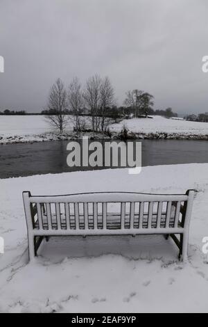 Bench with a view, winter in Clitheroe, Ribble Valley, Lancashire, UK. Stock Photo