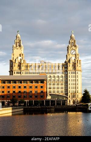 Waterfront side view of The Royal Liver Building, Liverpool architecture, England, UK Stock Photo