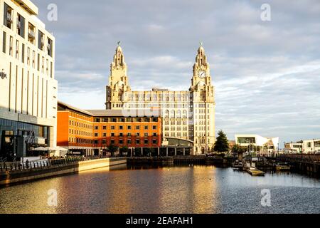 Waterfront side view of The Royal Liver Building, Liverpool architecture, England, UK Stock Photo