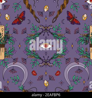Seamless wicca pattern with candles, sickles, twigs and moths. Herbal healing and shamanism - esoteric print design Stock Vector