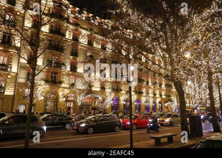 PARIS, FRANCE - DECEMBER 10, 2019: Christmas decorations in Avenue Montaigne of Paris, France. Paris is the biggest city in France, with 12.5 million Stock Photo