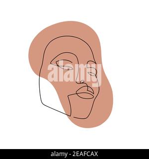 Continuous line abstract face. Contemporary female portrait. Hand drawn line art of woman with liquid colored shape element. Beauty fashion concept Stock Vector