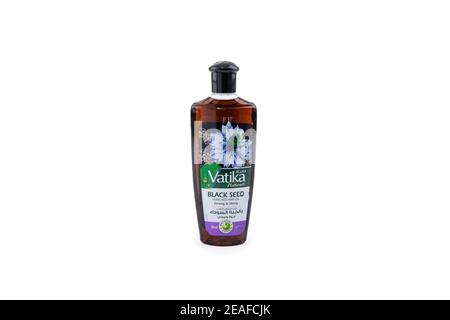 Vatika Natural Black seeds Hair oil on white background Stock Photo