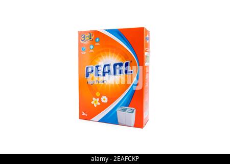 Pearl detergent powder on isolated background. hygiene products for washing cloth Stock Photo