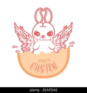 A rabbit with wings in a broken egg with the words happy easter on the eggshell. vector illustration. Stock Vector