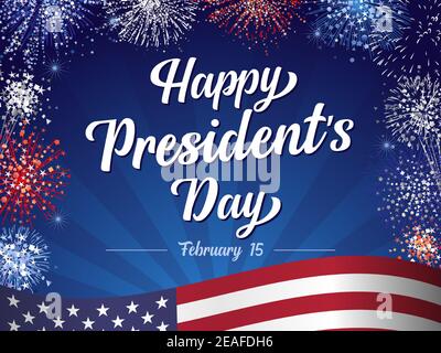 Happy President's Day February 15, lettering and fireworks with flag on beams background. Vector illustration with hand drawn text for Presidents day Stock Vector