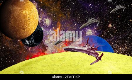 Spaceships over the surface of a large planet with its satellites. Stock Photo