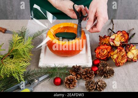 How to make long lasting Christmas decoration made of dried roses, twigs of fir and baubles. Floral arrangement inside the pumpkin. Step by step, tuto Stock Photo