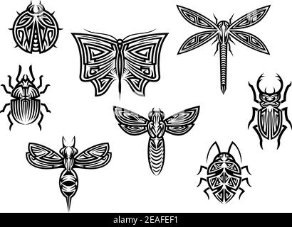 Tribal tattoos set with ornamental elements of insects for design Stock Vector