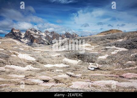 The plateau of the Pale di San Martino. Karst sinkholes, view on peaks of the north side. Trentino. Italy. Europe. Stock Photo