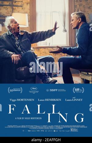 Falling (2020) directed by Viggo Mortensen and starring Viggo Mortensen, Lance Henriksen and Sverrir Gudnaso. A gay couple adopted a girl in Southern California but the happy family unit is rocked when an ageing visits. Stock Photo