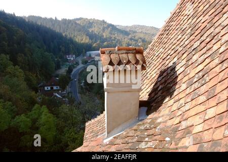 Nice view from the terrace of the old Bran castle which is located in Bran, 25 kilometres southwest of Brasov. It is a national monument and landmark Stock Photo