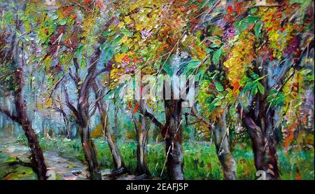 Art painting oil color Multiply flowers in garden , pathway from thailand Stock Photo