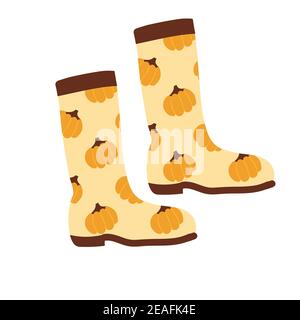 autumn rubber boots with a pattern of orange pumpkins. Yellow shoes with a pattern of autumn holiday vegetable. Cozy autumn illustration. Vector isola Stock Vector