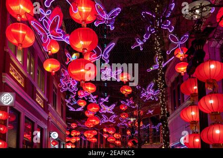 Hong Kong, China. 09th Feb, 2021. Hundreds of red lanterns hang from the ceiling at Lee Tung Avenue in Hong Kong to celebrate the Chinese Lunar New Year festival and the year of the Ox. Credit: SOPA Images Limited/Alamy Live News Stock Photo