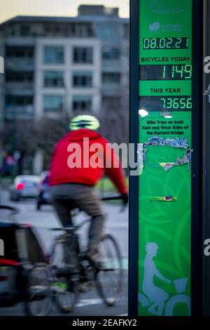 Bicycle lane bike counter, Burrard Bridge, Vancouver, British Columbia, Canada Stock Photo