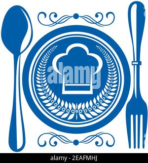 Gournet food award with a blue plate and cutlery decorated with a winners laurel wreath and chefs toque or hat, design illustration Stock Vector