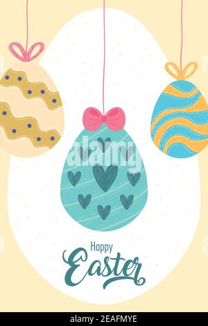 happy easter celebration lettering card with eggs hanging vector illustration design Stock Vector