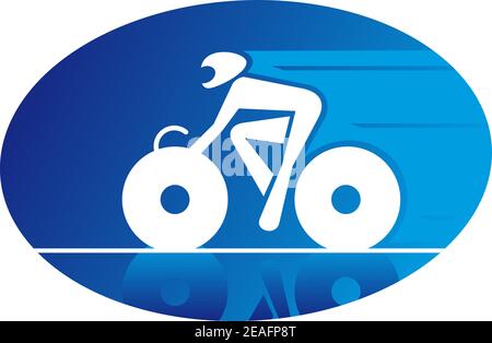 Blue oval icon of a racing cyclist on a bicycle travelling at speed and wearing a safety helmet Stock Vector