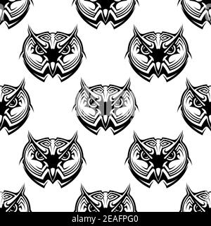 Black and white seamless repeat pattern of the heads of wise old horned owls Stock Vector