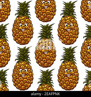 Seamless background with funny cartoon happy pineapple character, on white background Stock Vector