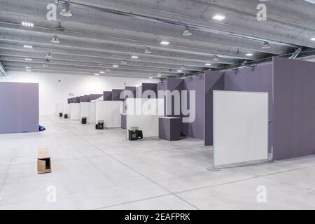 View of the Volvo Congress Center vaccination area during the preparation phase on 30 December 2020 in Bologna, Italy. The first doses of the COVID va Stock Photo