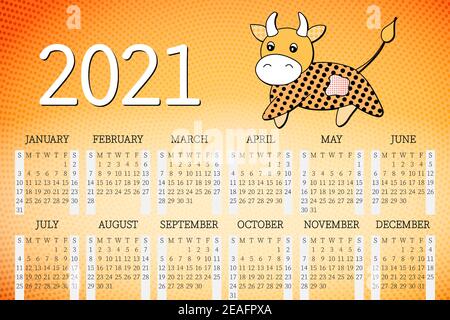 Calendar 2021. Monthly calendar 2021 from Sunday to Saturday. Yearly Planner. Templates with cute hand drawn bull. Vector illustration with adorable Stock Vector