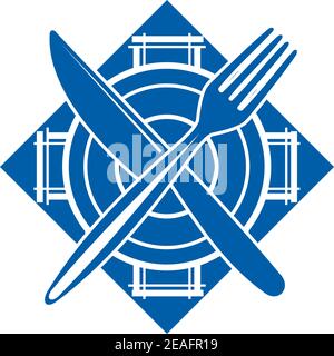 Blue graphic symbol of food services or catering with a fork and a knife crossed on a dish, isolated on white background Stock Vector