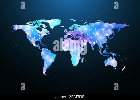 Map of the planet. Global social network. Floating blue plexus geometric background. Internet and technology. Vector illustration Stock Vector