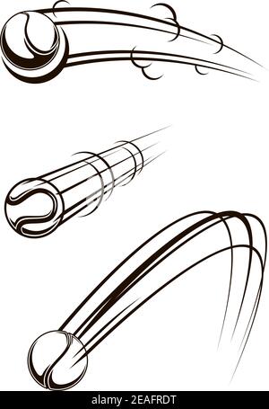 Black and white doodle sketches of three different tennis balls traveling through the air at speed with motion lines Stock Vector