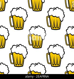 Seamless repeat pattern background of golden tankards of frothy beer or ale suitable for print, wallpaper or fabric design Stock Vector